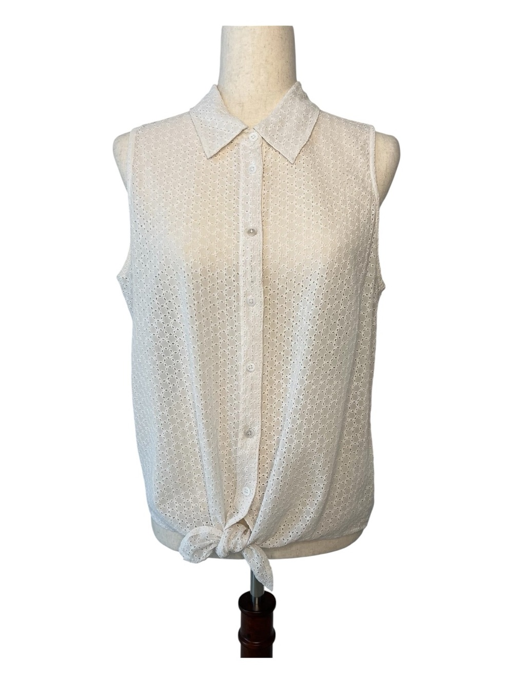 Equipment Femme Silk Ivory Sleeveless Eyelet Tie-Front Blouse Size Large